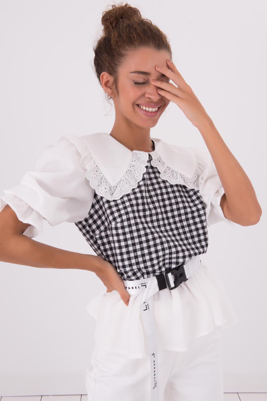 Bayan Siyah Yaka Detaylı Karpuz Kol Bluz