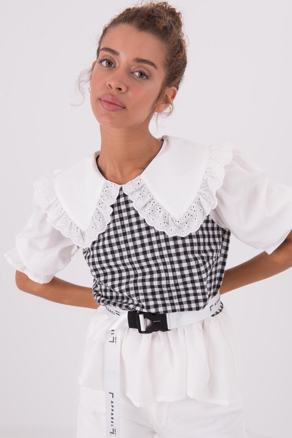 Bayan Siyah Yaka Detaylı Karpuz Kol Bluz