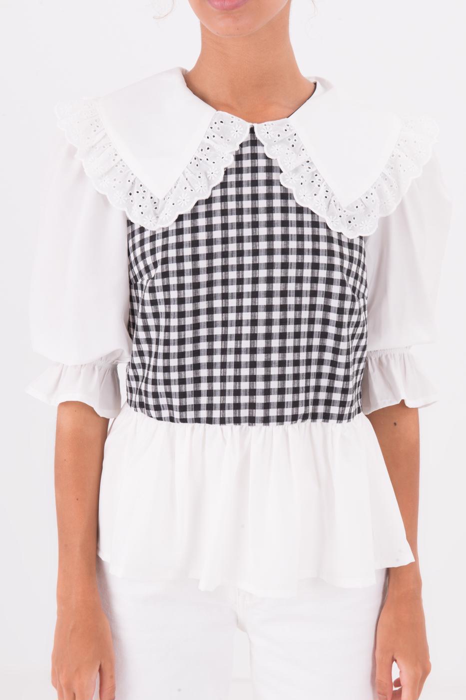 Bayan Siyah Yaka Detaylı Karpuz Kol Bluz