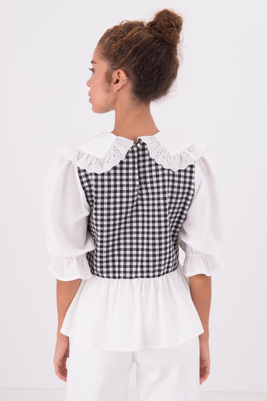 Bayan Siyah Yaka Detaylı Karpuz Kol Bluz