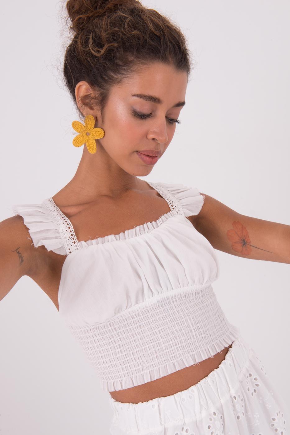 Bayan Beyaz Omuz Fırfır Detaylı Kare Yaka Bluz