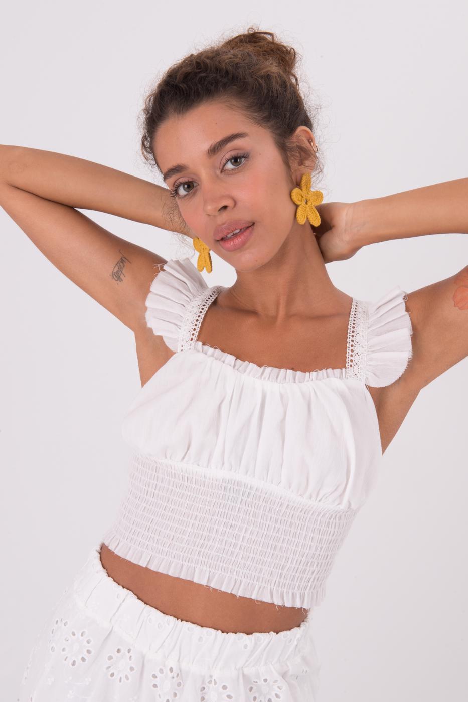 Bayan Beyaz Omuz Fırfır Detaylı Kare Yaka Bluz