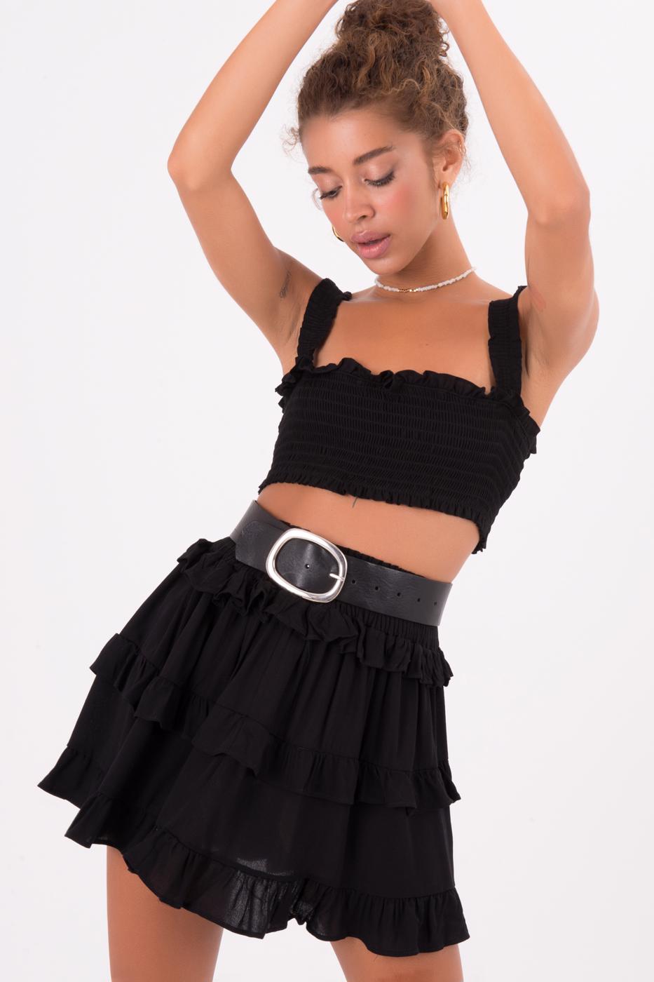 Bayan Siyah Katlı Mini Etek