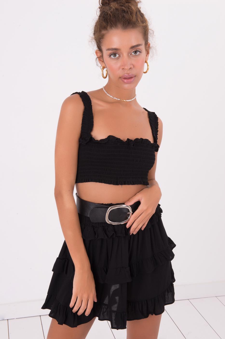 Bayan Siyah Katlı Mini Etek