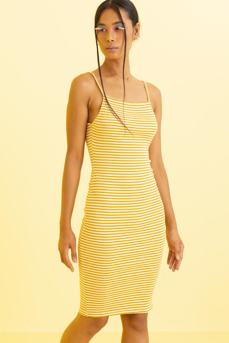 Bayan Hardal Sırt Dekolteli Askılı Midi Elbise