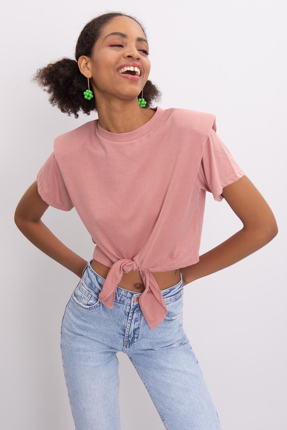 Bayan Pudra Ön Bağlama Detaylı Vatkalı Tişört