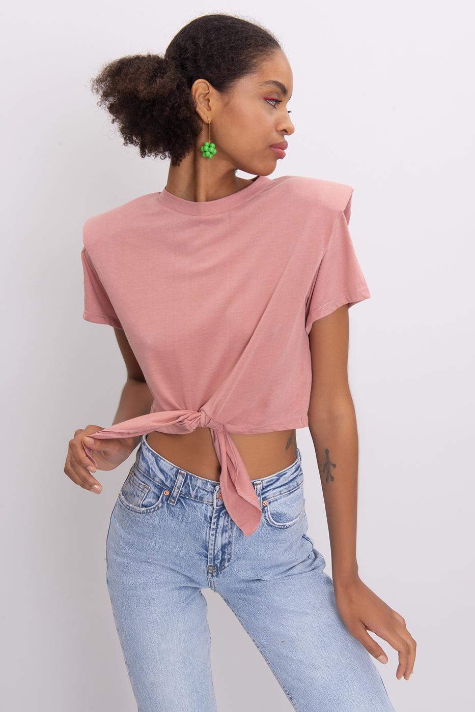 Bayan Pudra Ön Bağlama Detaylı Vatkalı Tişört