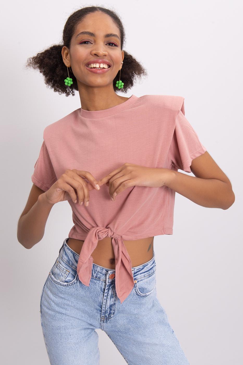 Bayan Pudra Ön Bağlama Detaylı Vatkalı Tişört