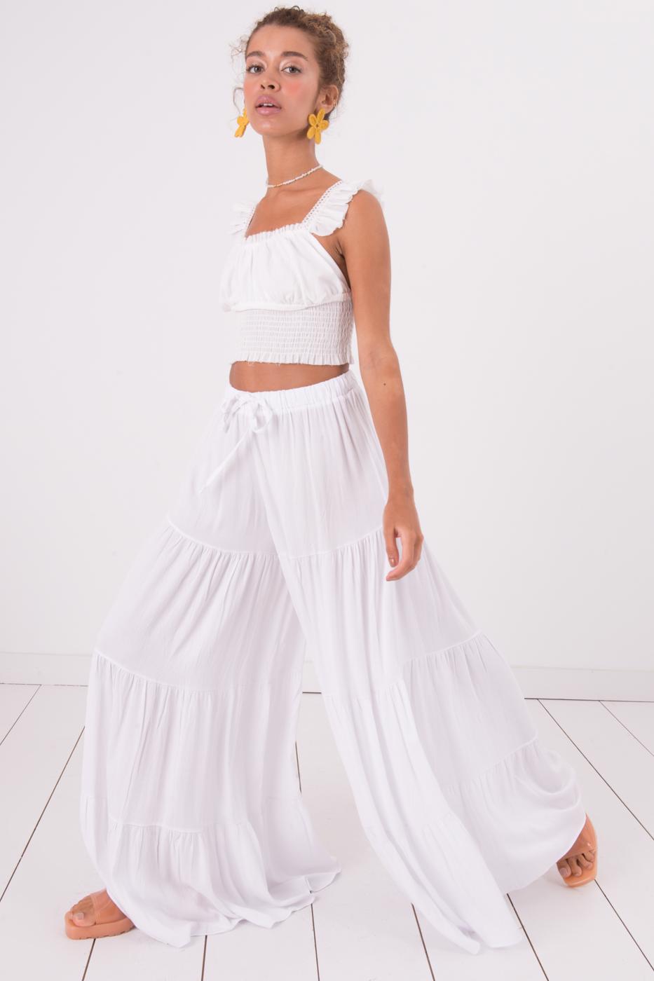 Bayan Beyaz Uzun Etek Görünümlü Bol Pantolon