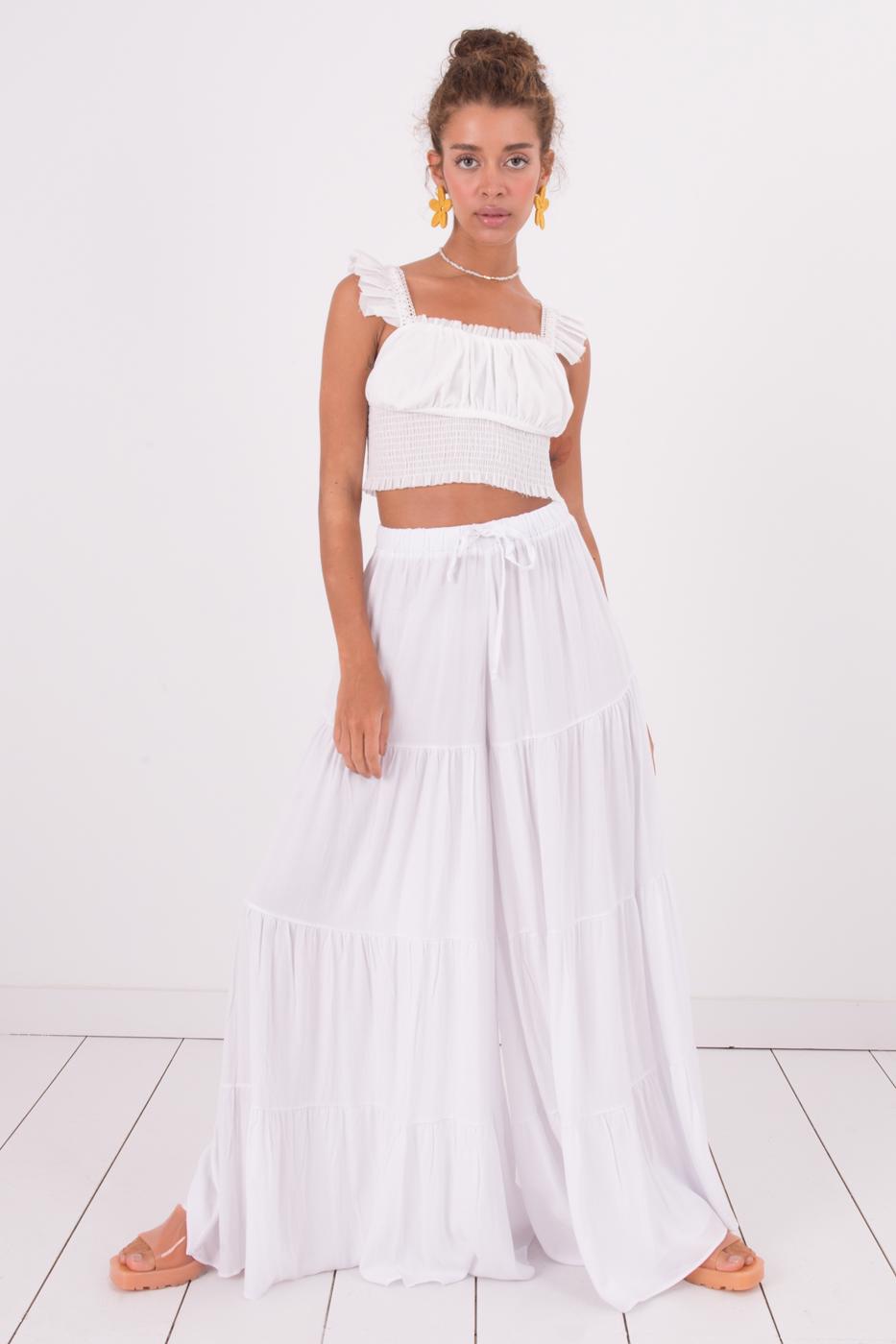Bayan Beyaz Uzun Etek Görünümlü Bol Pantolon