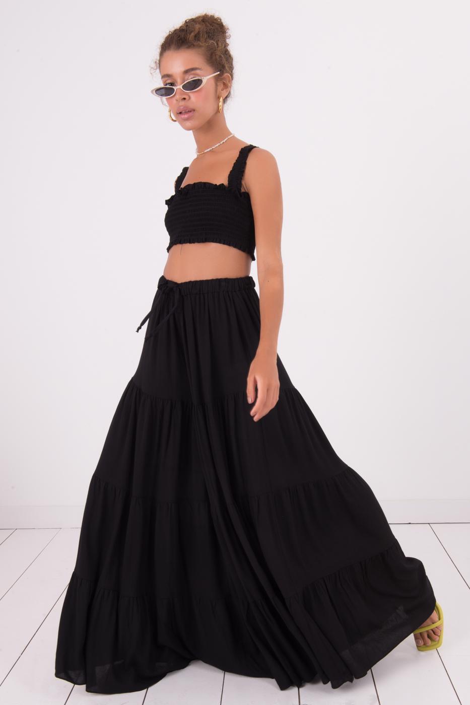 Bayan Siyah Uzun Etek Görünümlü Bol Pantolon