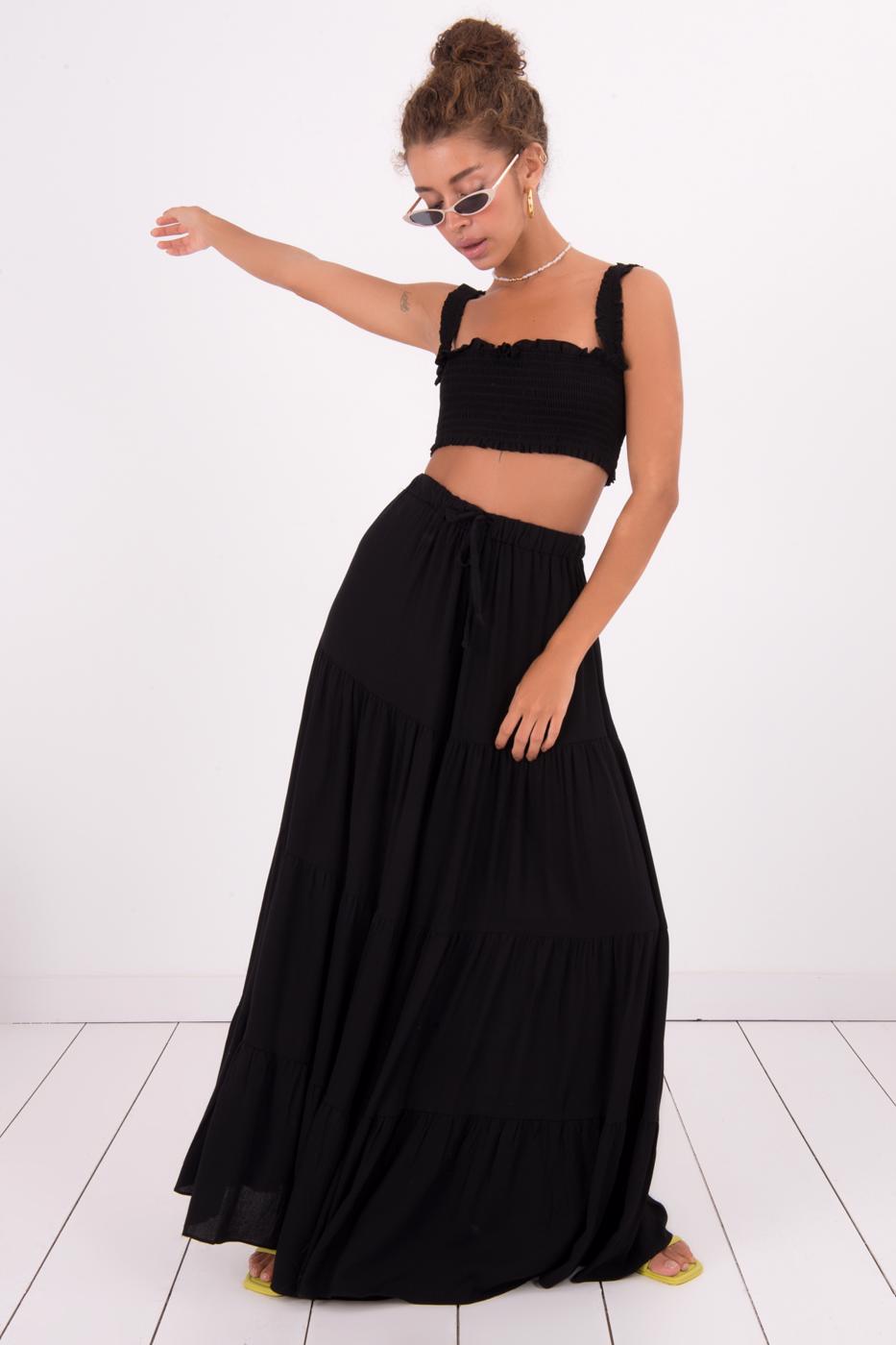 Bayan Siyah Uzun Etek Görünümlü Bol Pantolon