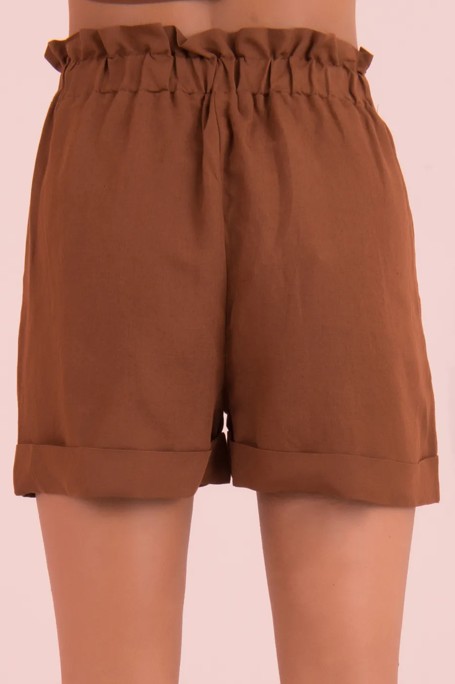 Bayan Kahverengi Bel Lastik Fırfır Detaylı Şort