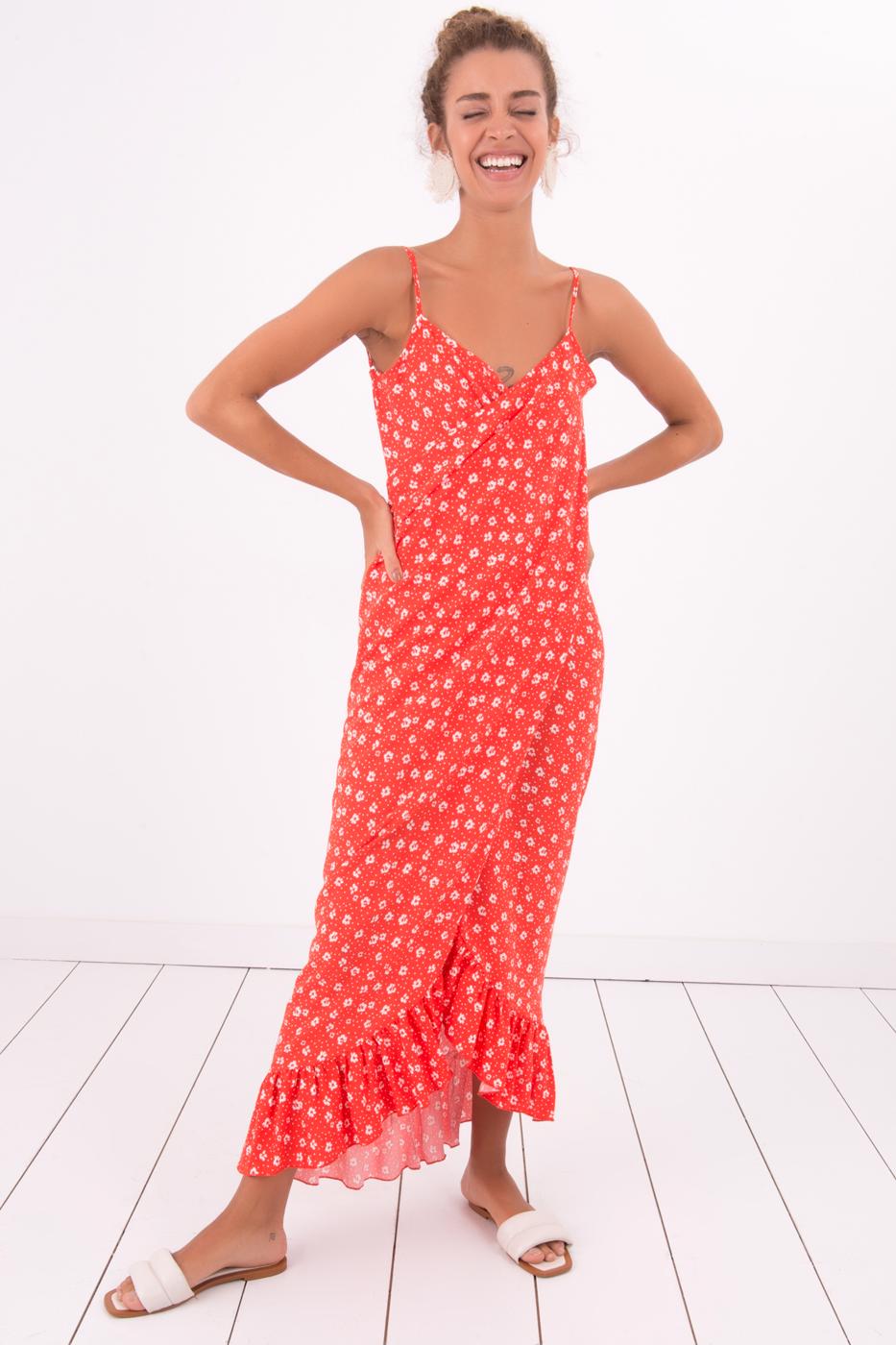 Bayan Kırmızı Sırt Dekolteli Asimetrik Etek Ucu  Detaylı Midi Elbise