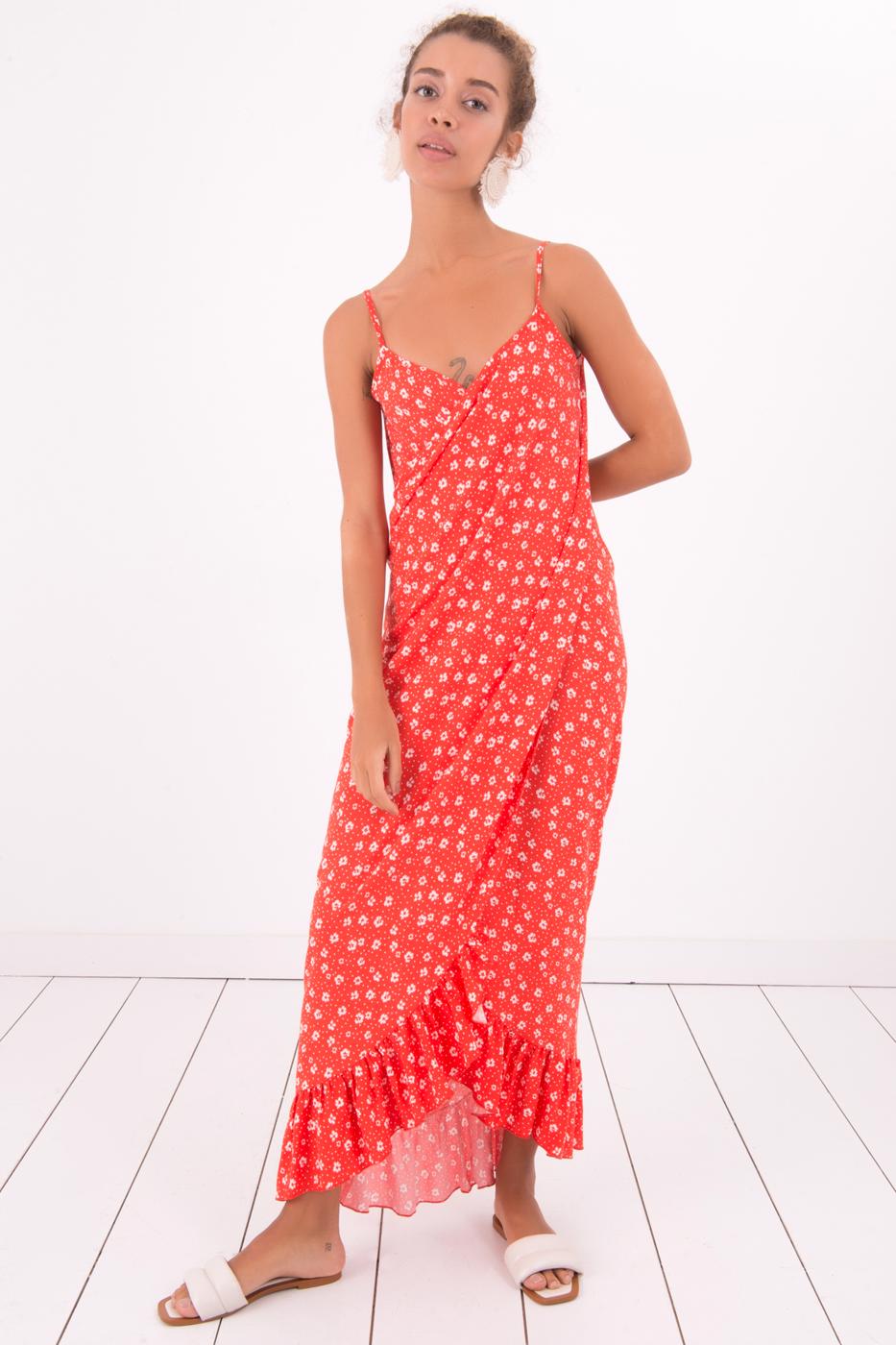 Bayan Kırmızı Sırt Dekolteli Asimetrik Etek Ucu  Detaylı Midi Elbise