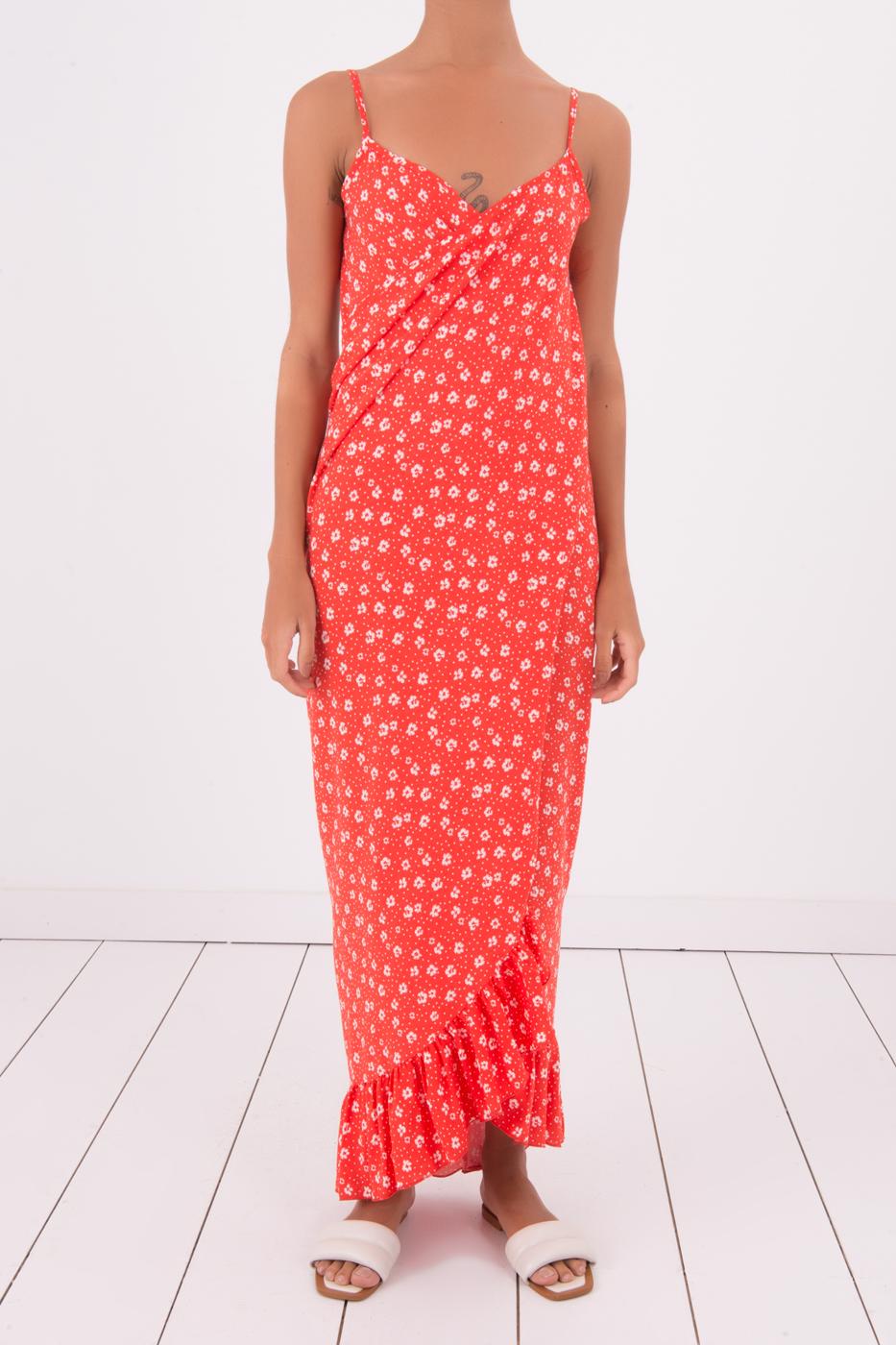 Bayan Kırmızı Sırt Dekolteli Asimetrik Etek Ucu  Detaylı Midi Elbise