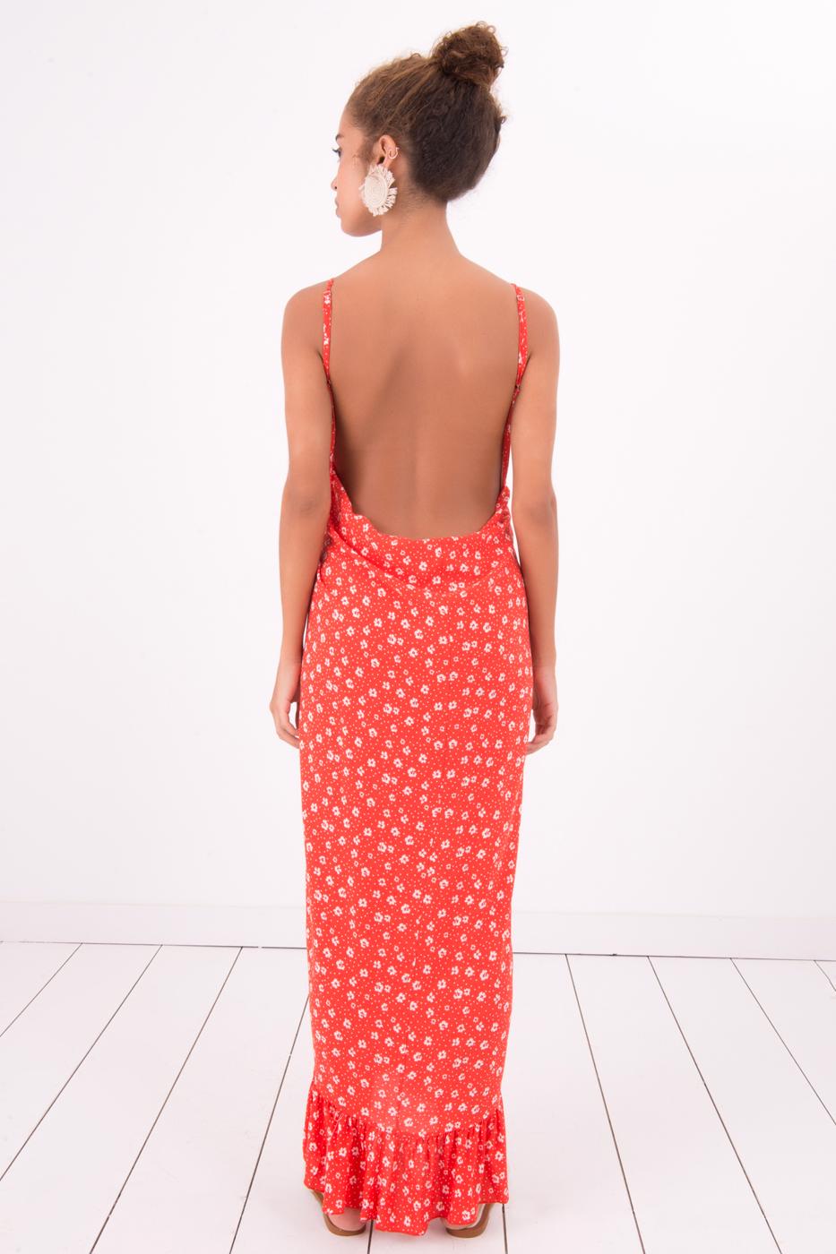 Bayan Kırmızı Sırt Dekolteli Asimetrik Etek Ucu  Detaylı Midi Elbise