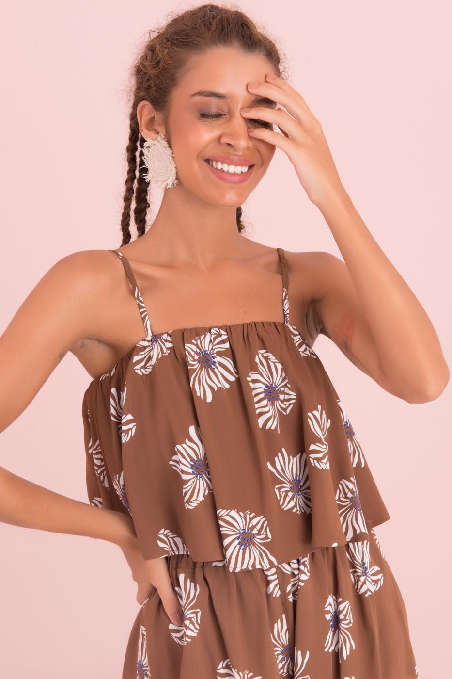 Bayan Kahverengi Askılı Desenli Bluz