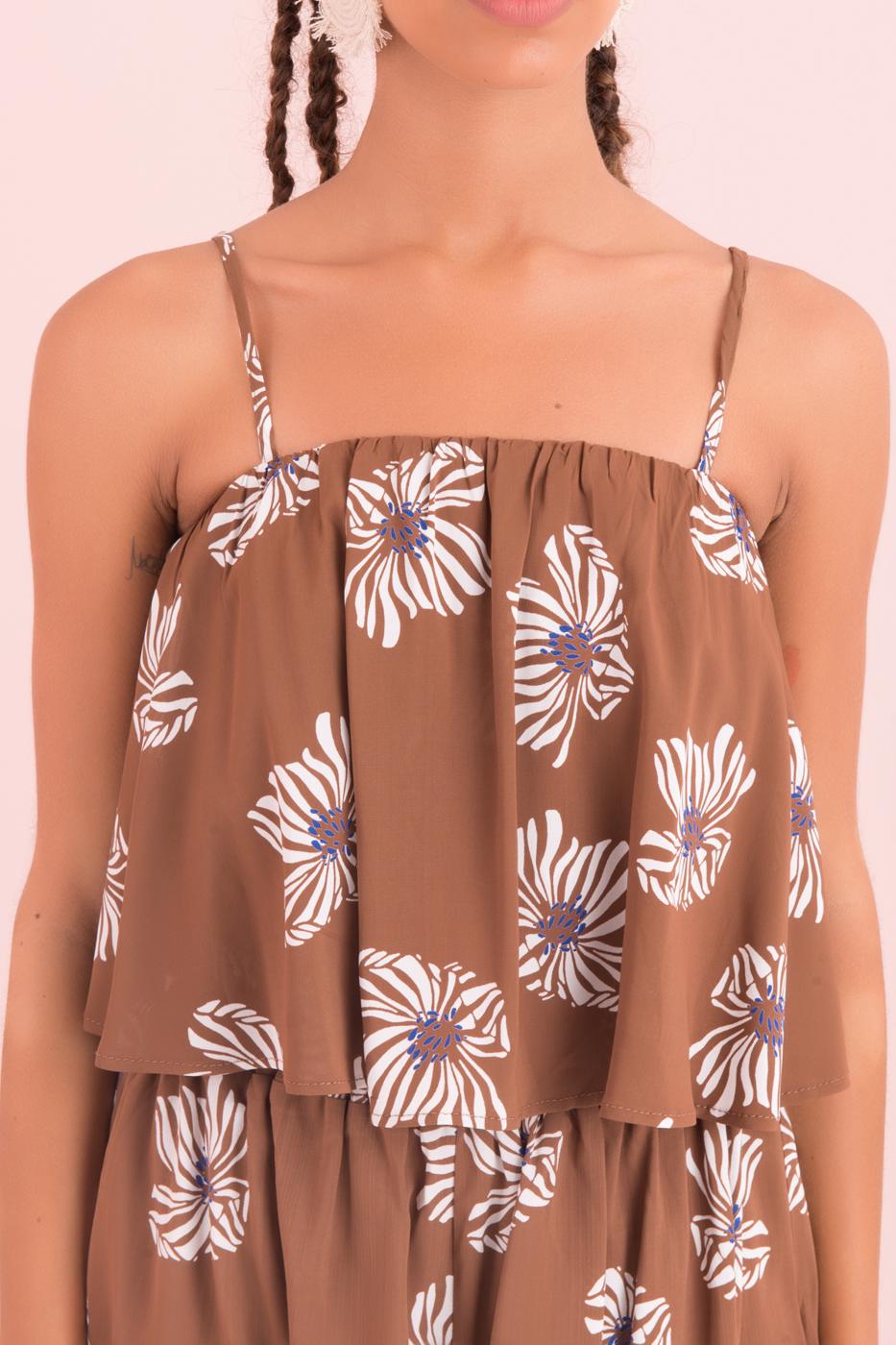 Bayan Kahverengi Askılı Desenli Bluz