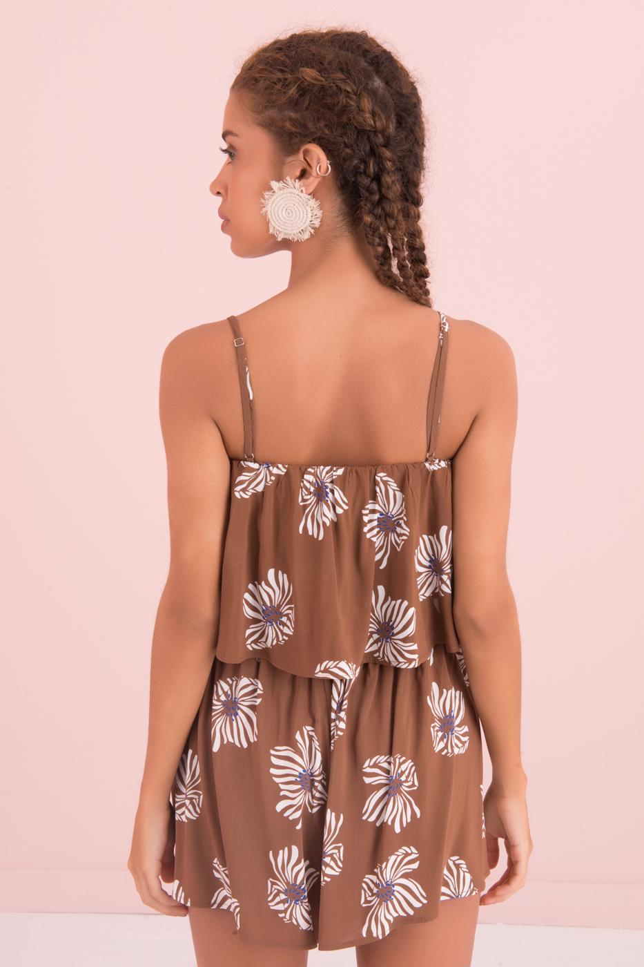 Bayan Kahverengi Askılı Desenli Bluz