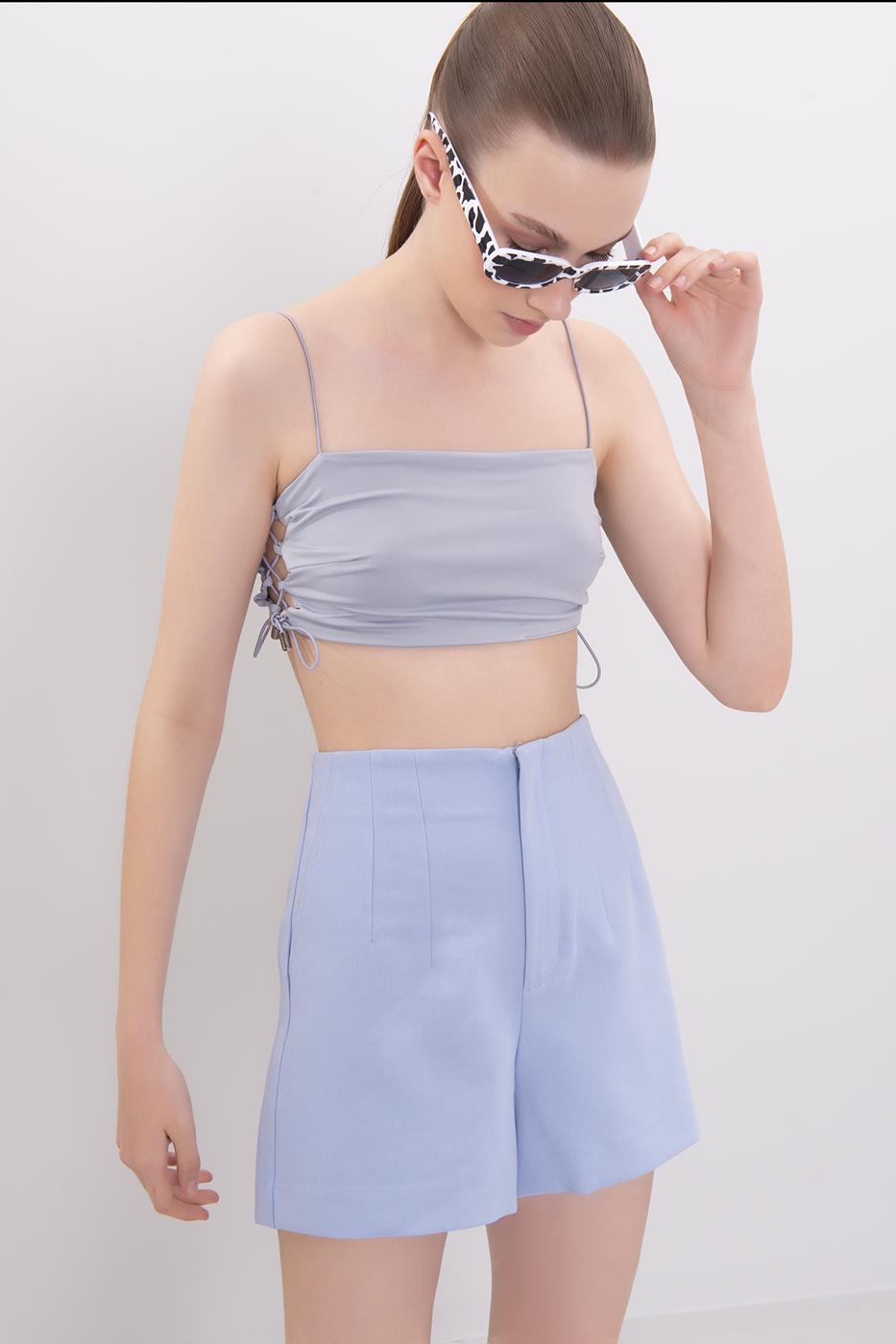 Bayan Mavi Yüksek Bel Mini Şort