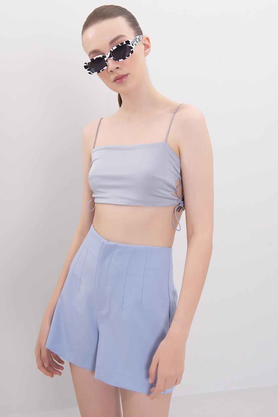 Bayan Mavi Yüksek Bel Mini Şort