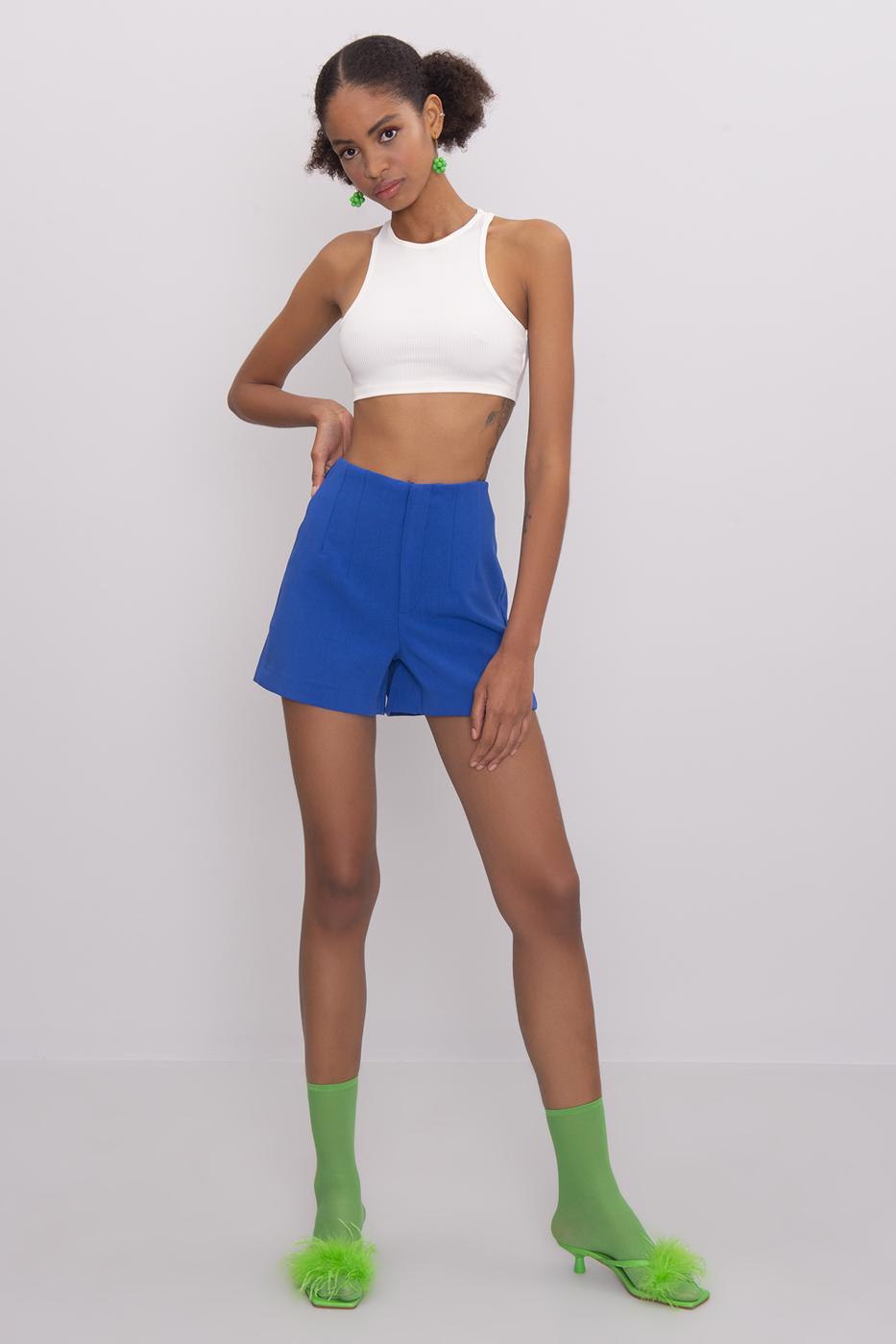 Bayan Mavi Yüksek Bel Mini Şort