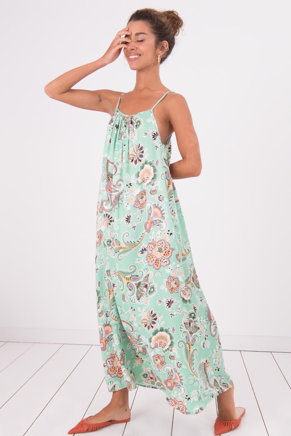 Bayan Yeşil Askılı Desenli Uzun Elbise
