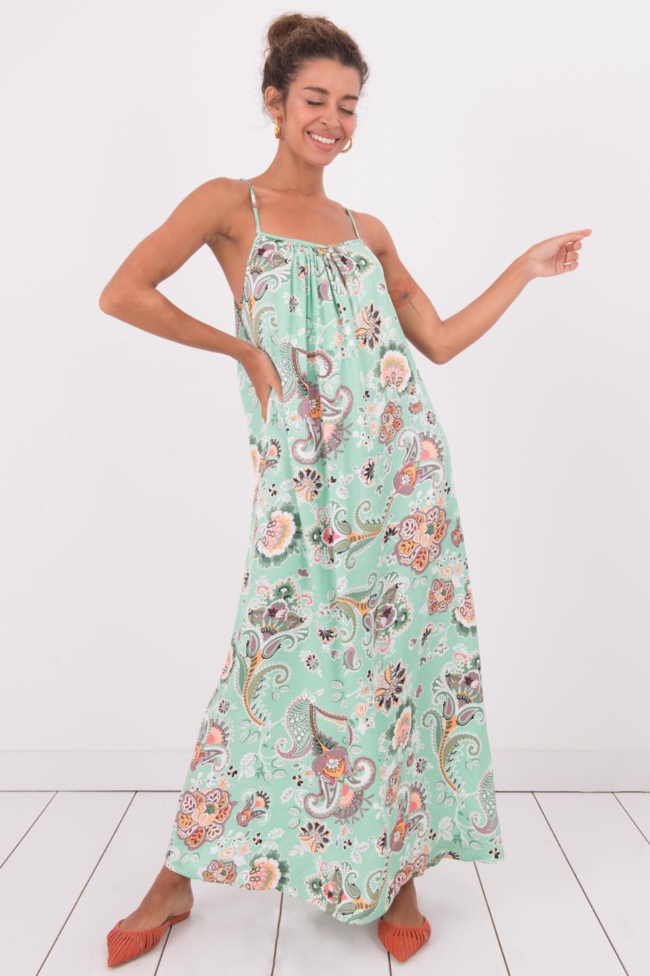 Bayan Yeşil Askılı Desenli Uzun Elbise