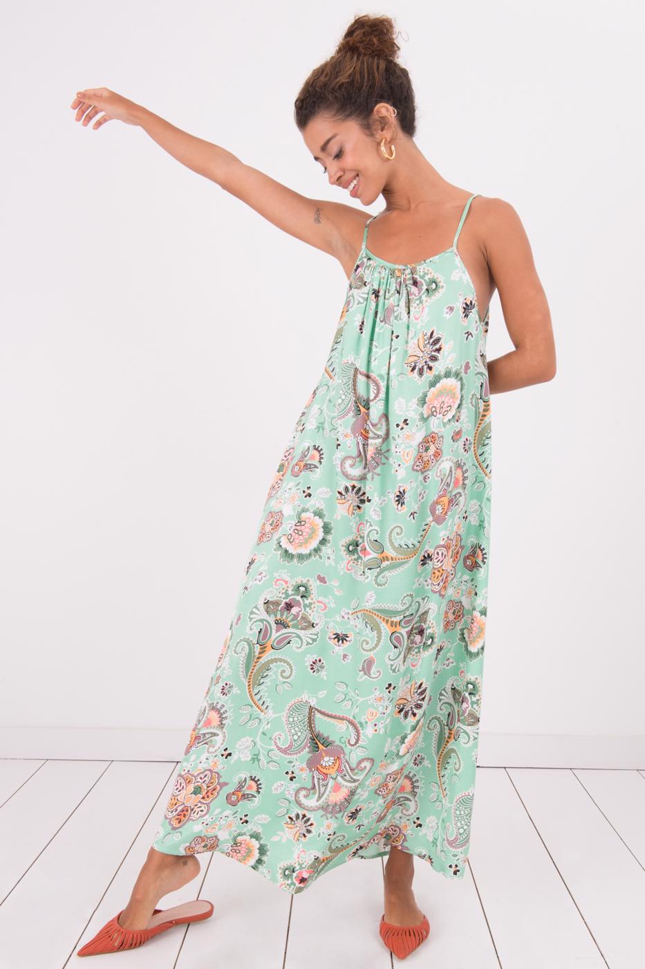 Bayan Yeşil Askılı Desenli Uzun Elbise