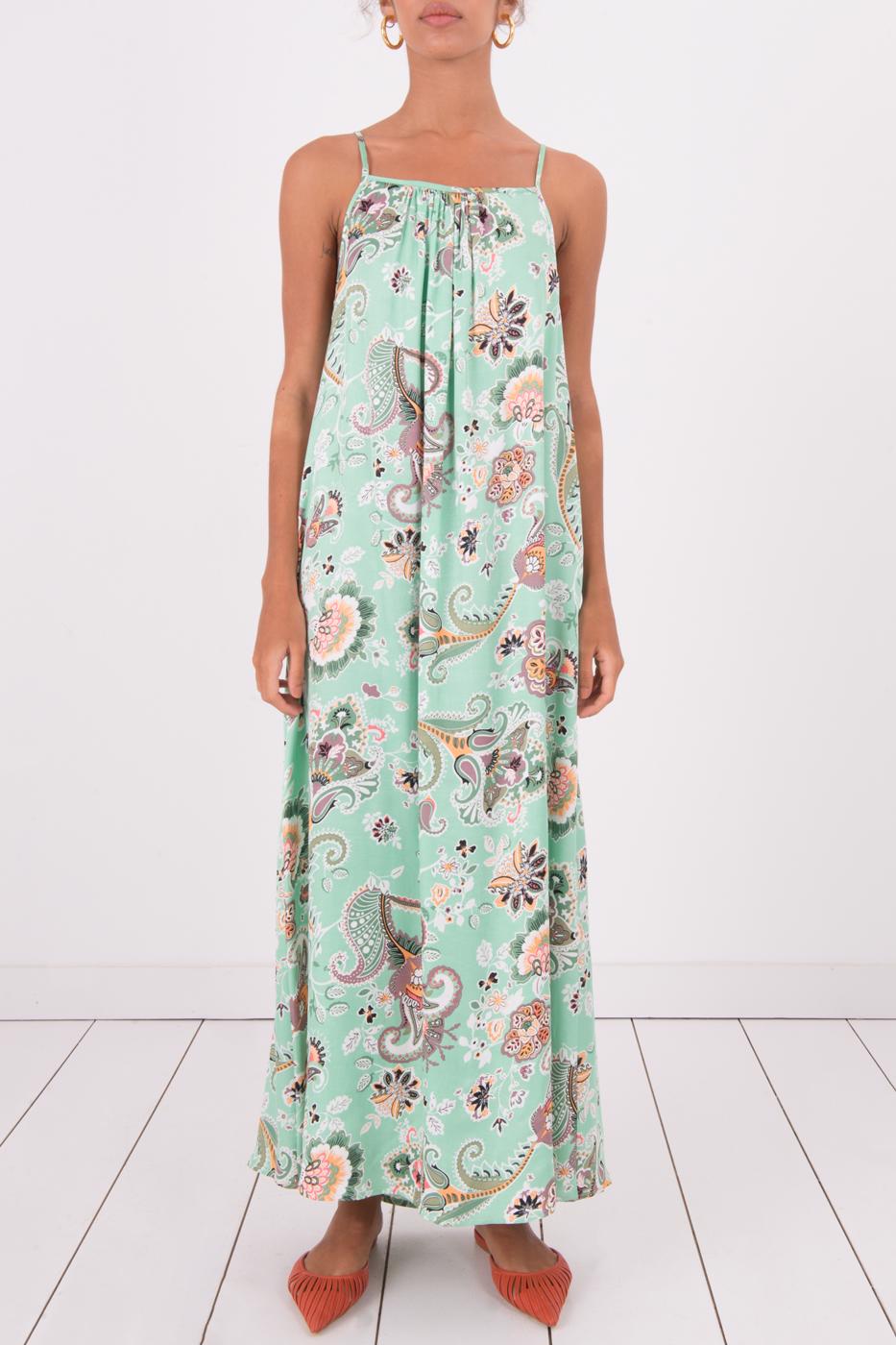 Bayan Yeşil Askılı Desenli Uzun Elbise