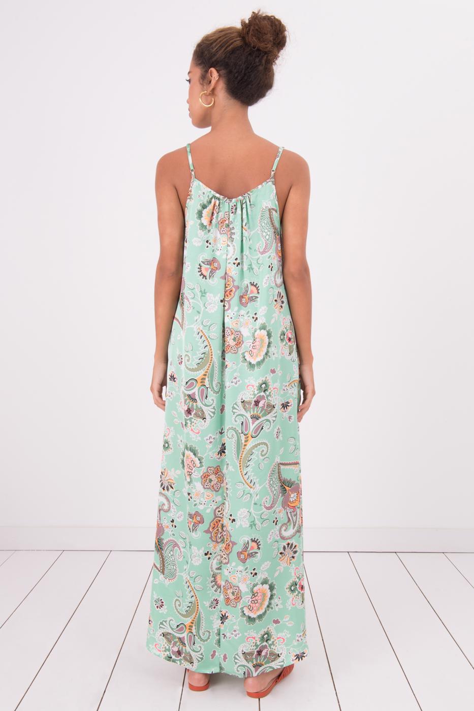 Bayan Yeşil Askılı Desenli Uzun Elbise