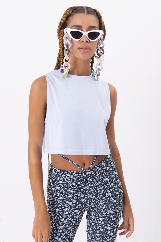 Bayan Mavi Kolsuz Yıkamalı Tişört - BSL