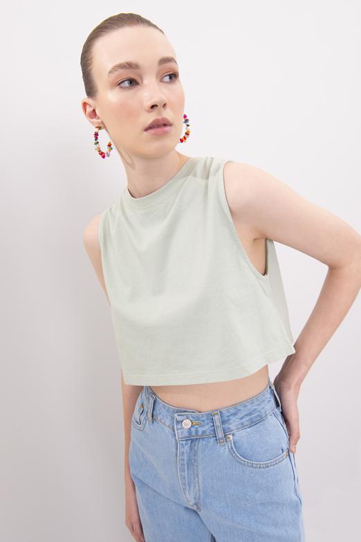 Bayan Yeşil Kolsuz Yıkamalı Tişört - BSL