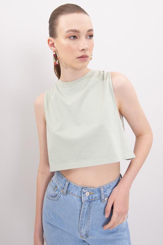 Bayan Yeşil Kolsuz Yıkamalı Tişört - BSL