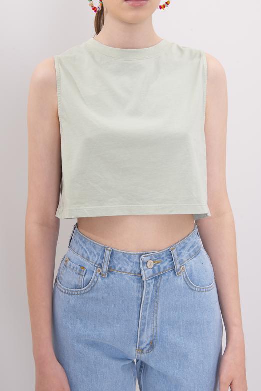 Bayan Yeşil Kolsuz Yıkamalı Tişört - BSL