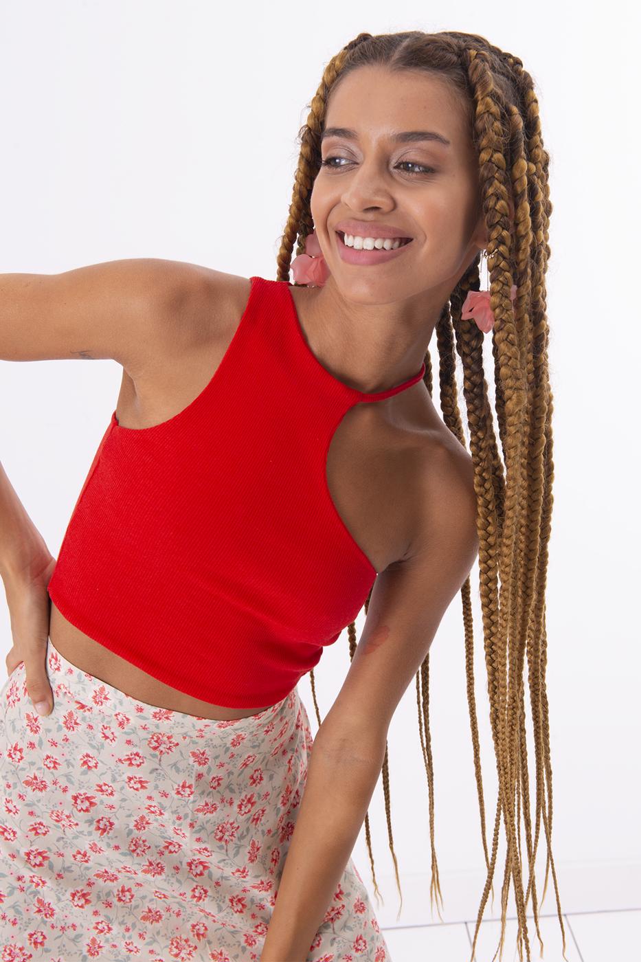 Bayan Kırmızı Tek Omuz Asimetrik Kesim Crop Body