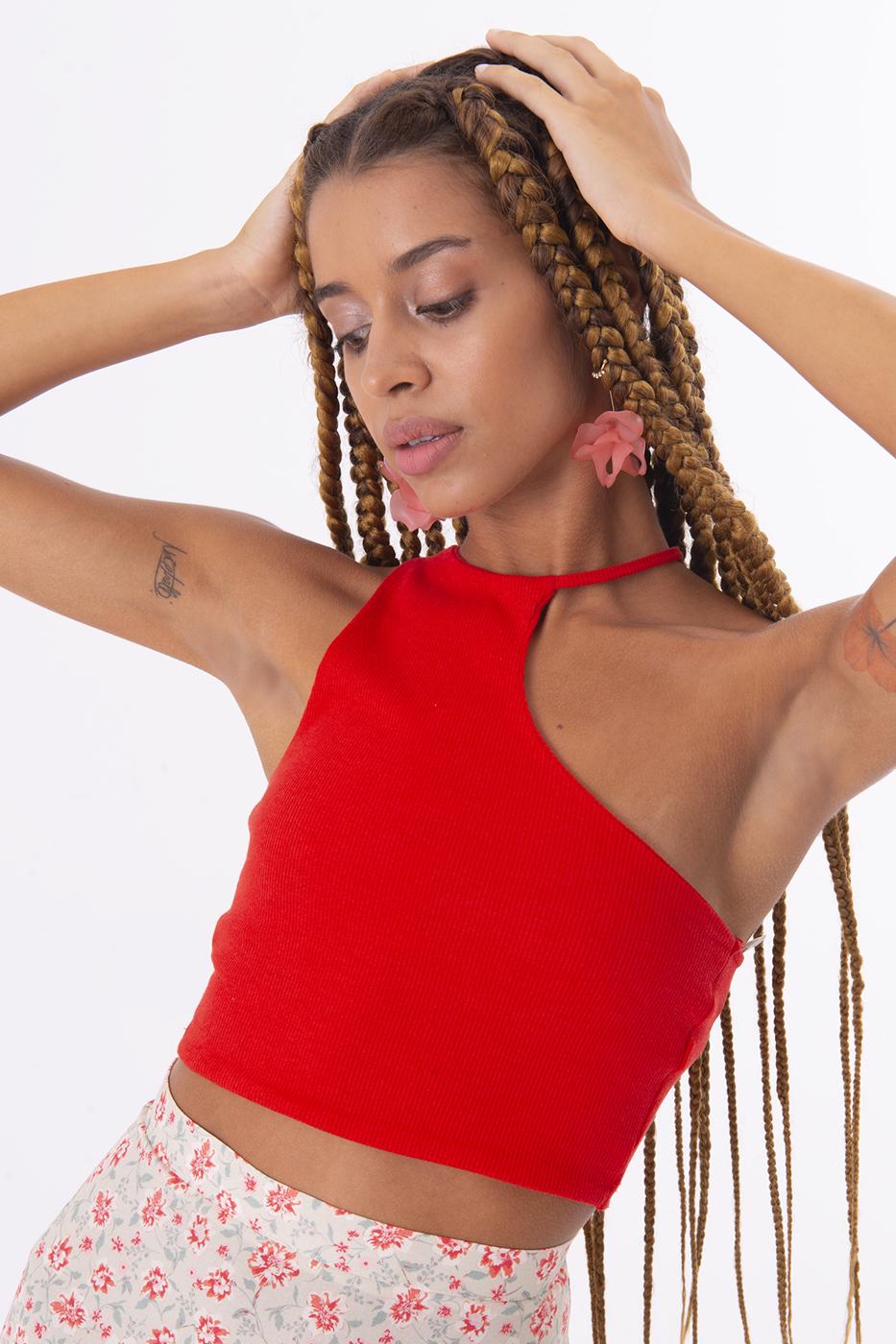 Bayan Kırmızı Tek Omuz Asimetrik Kesim Crop Body