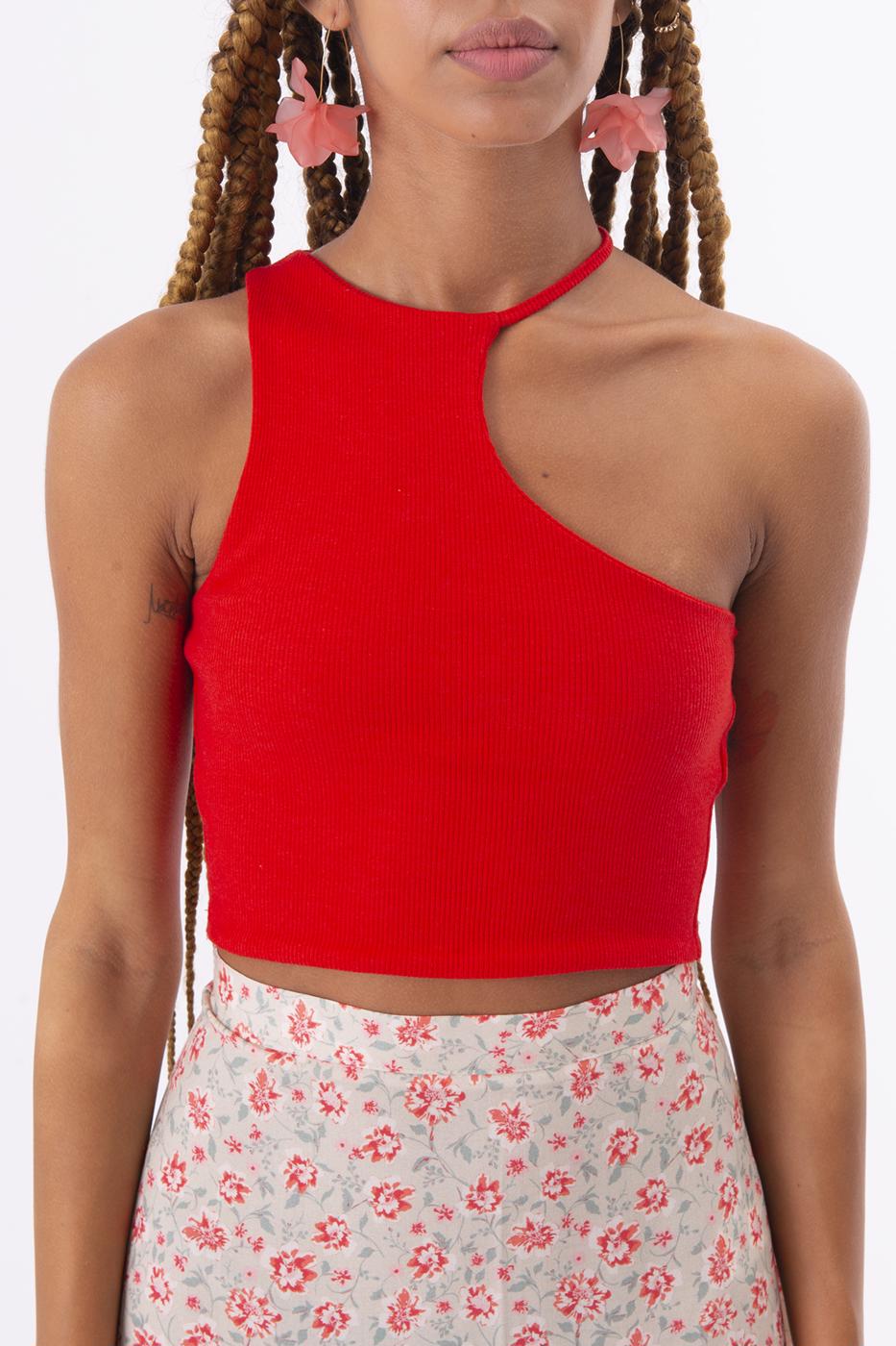 Bayan Kırmızı Tek Omuz Asimetrik Kesim Crop Body