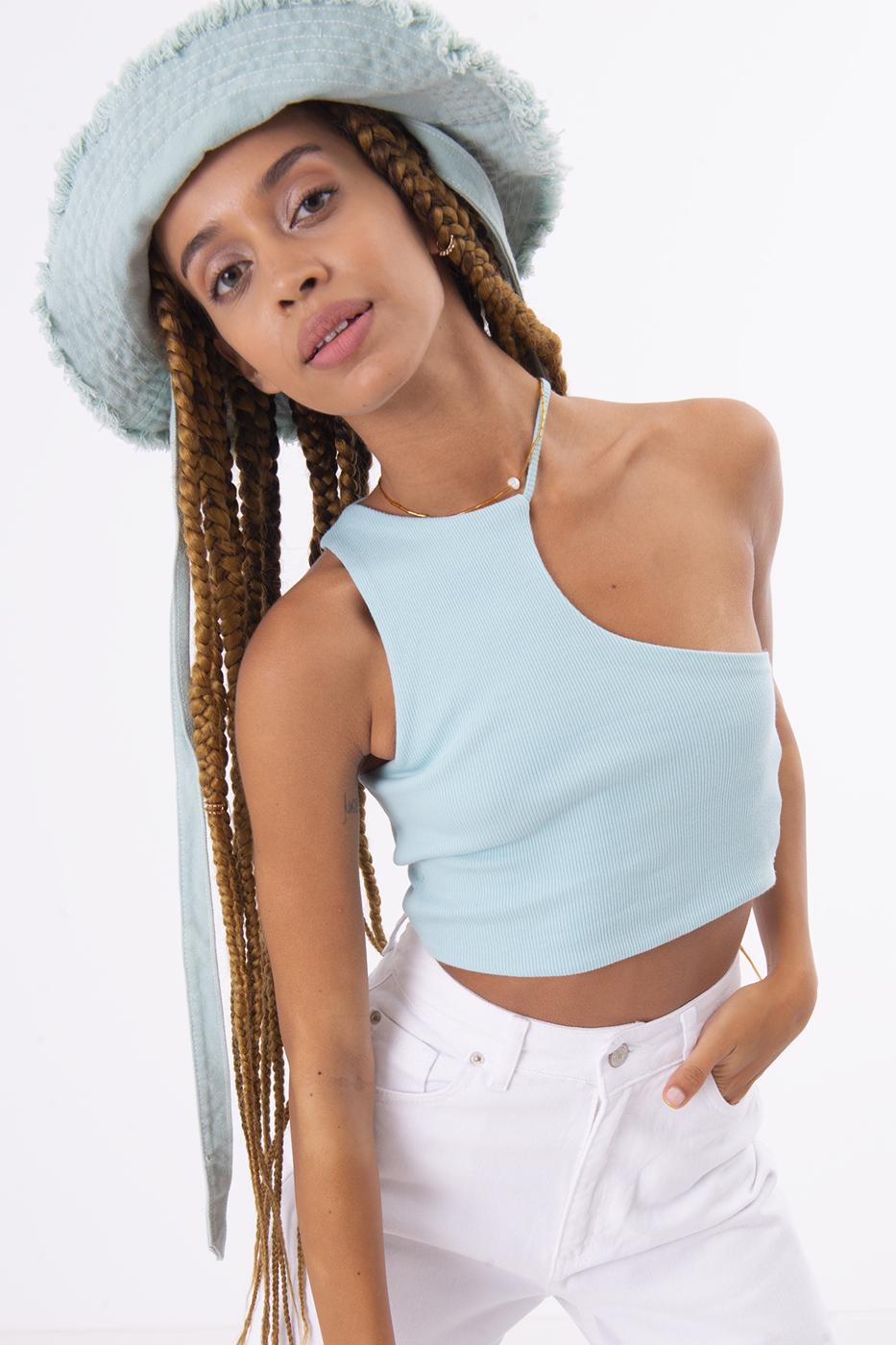 Bayan Yeşil Tek Omuz Asimetrik Kesim Crop Body