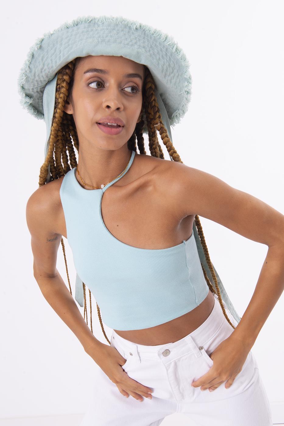 Bayan Yeşil Tek Omuz Asimetrik Kesim Crop Body