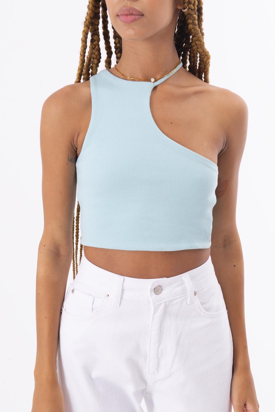 Bayan Yeşil Tek Omuz Asimetrik Kesim Crop Body