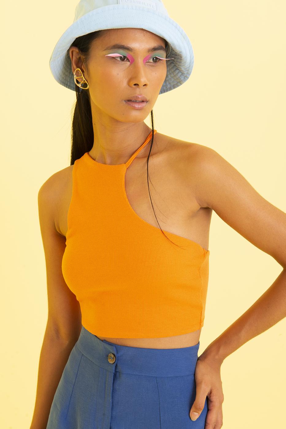 Bayan Oranj Tek Omuz Asimetrik Kesim Crop Body