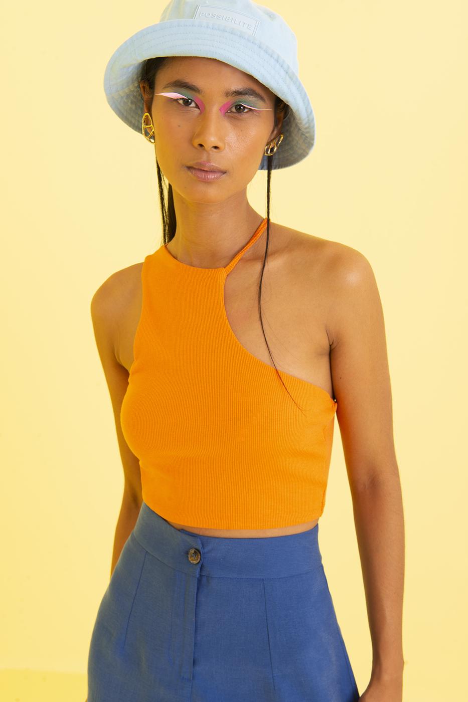 Bayan Oranj Tek Omuz Asimetrik Kesim Crop Body