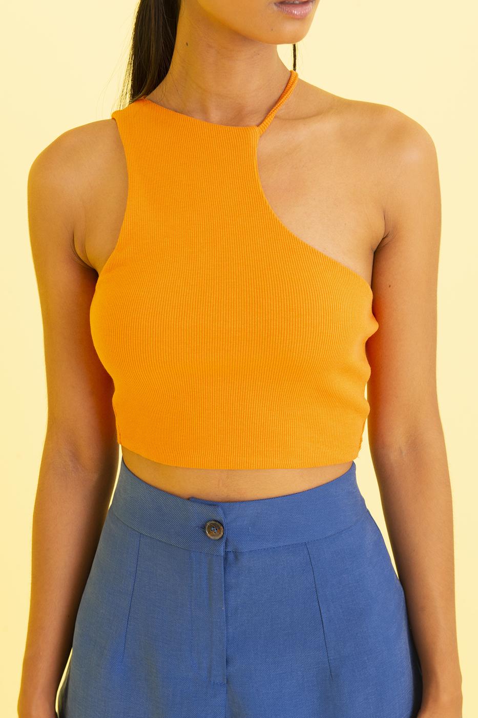 Bayan Oranj Tek Omuz Asimetrik Kesim Crop Body