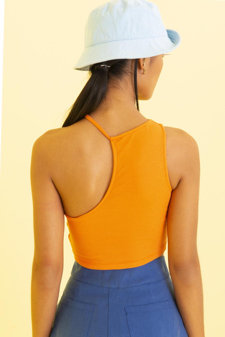 Bayan Oranj Tek Omuz Asimetrik Kesim Crop Body