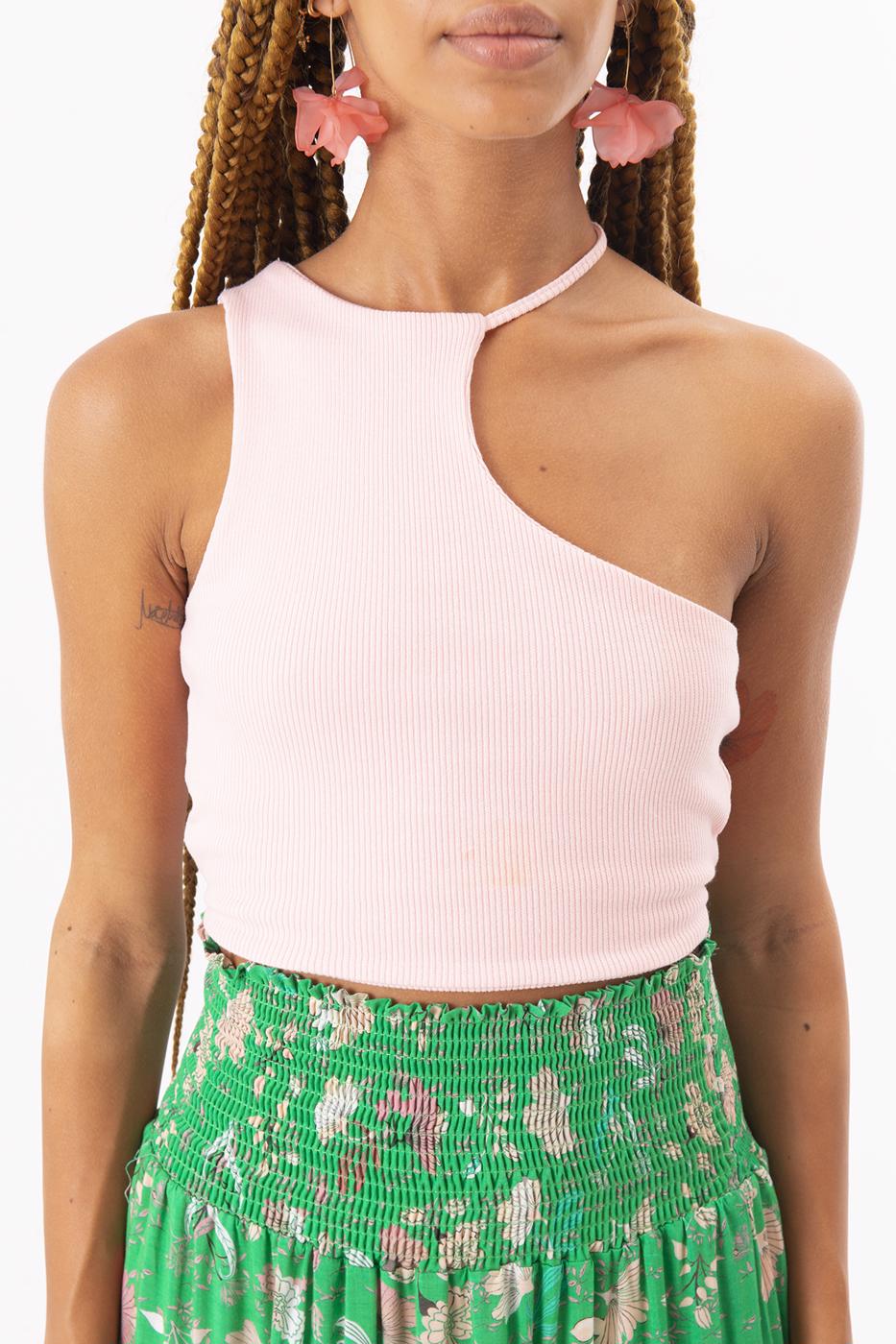 Bayan Pembe Tek Omuz Asimetrik Kesim Crop Body