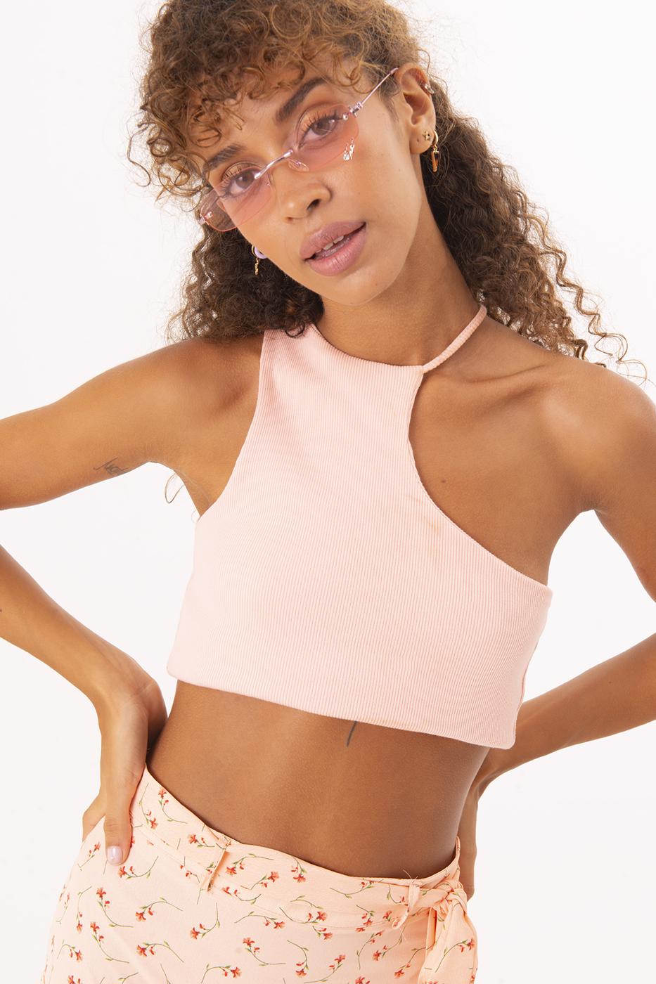 Bayan Pembe Tek Omuz Asimetrik Kesim Crop Body