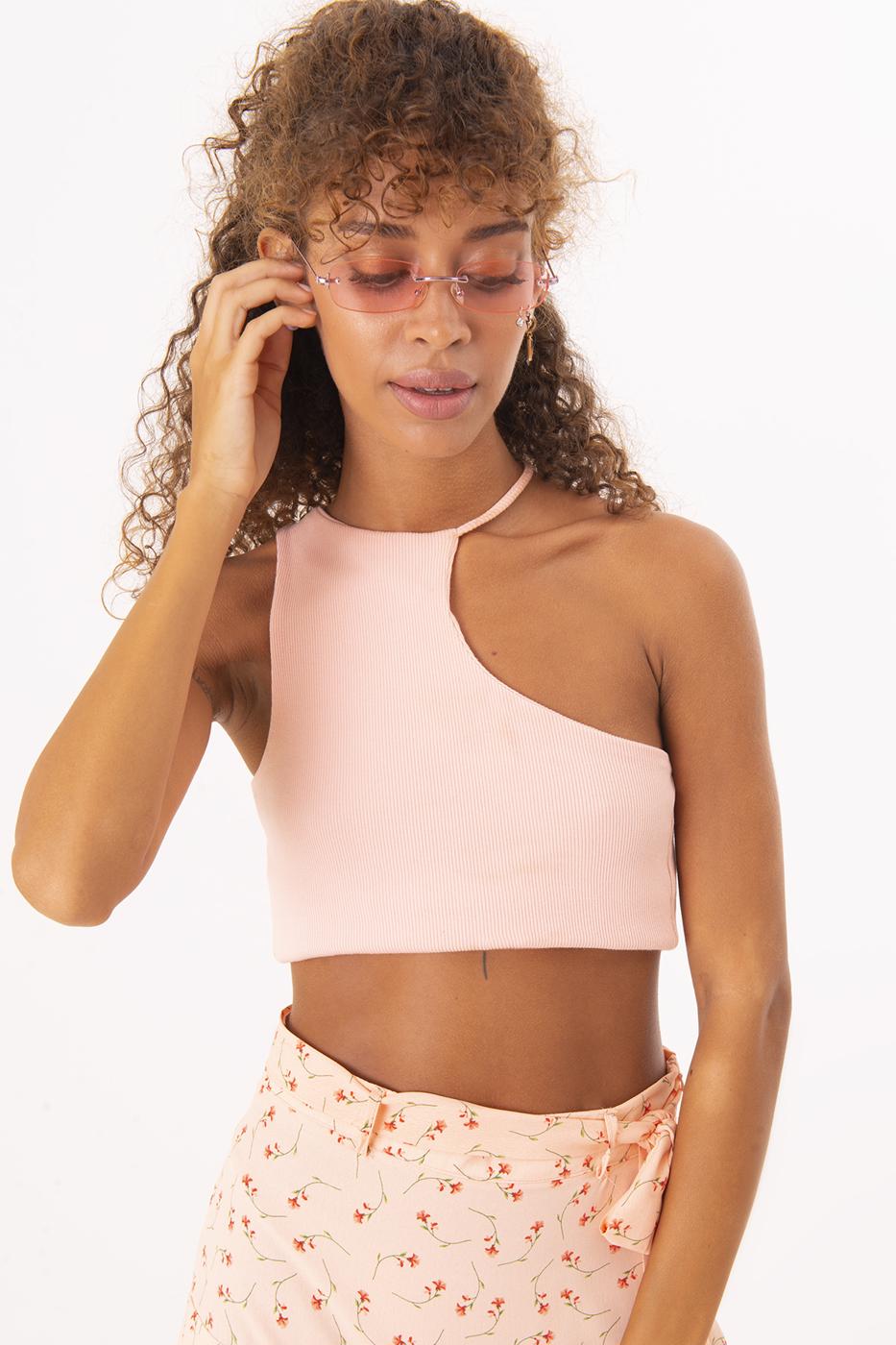 Bayan Pembe Tek Omuz Asimetrik Kesim Crop Body