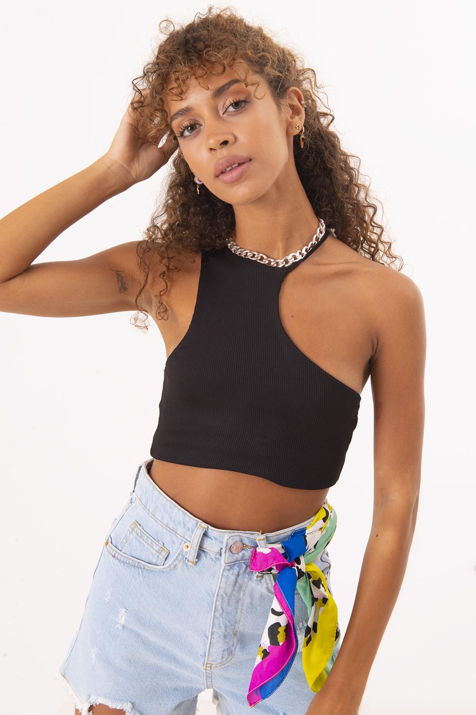 Bayan Siyah Tek Omuz Asimetrik Kesim Crop Body